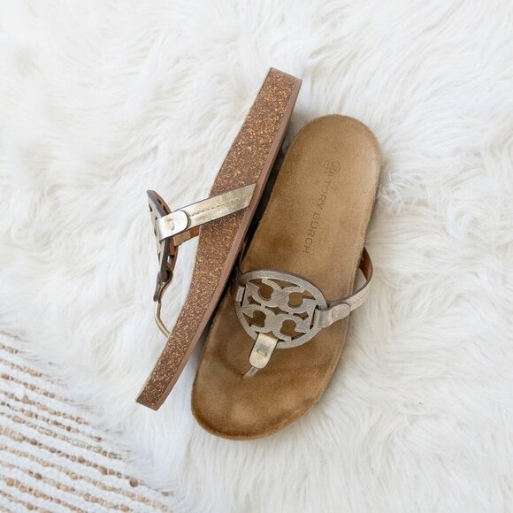 EUC TORY BURCH MILLER CLOUD SANDAL METALLIC GOLD CORK FOOTBED SZ 9.5 - Picture 3 of 11